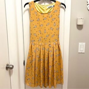 Paper Plane London Pleated Fit & Flare Yellow Llama Print Dress M/L sleeveless